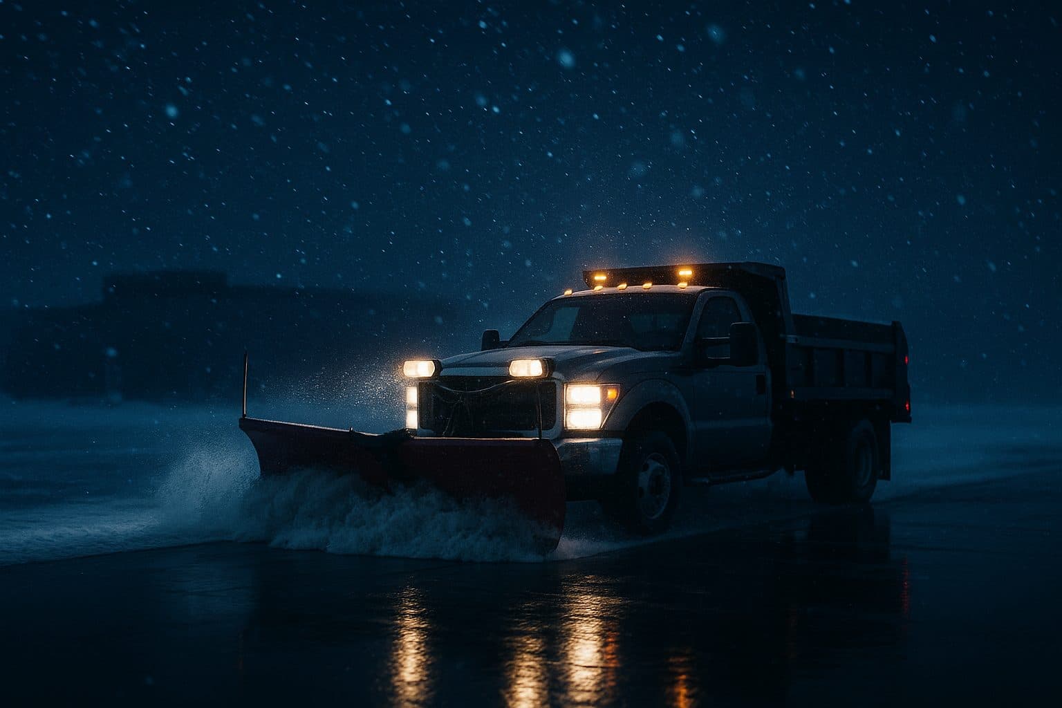 Commercial snow plow clearing a parking lot at night in a Rochester-area snowstorm